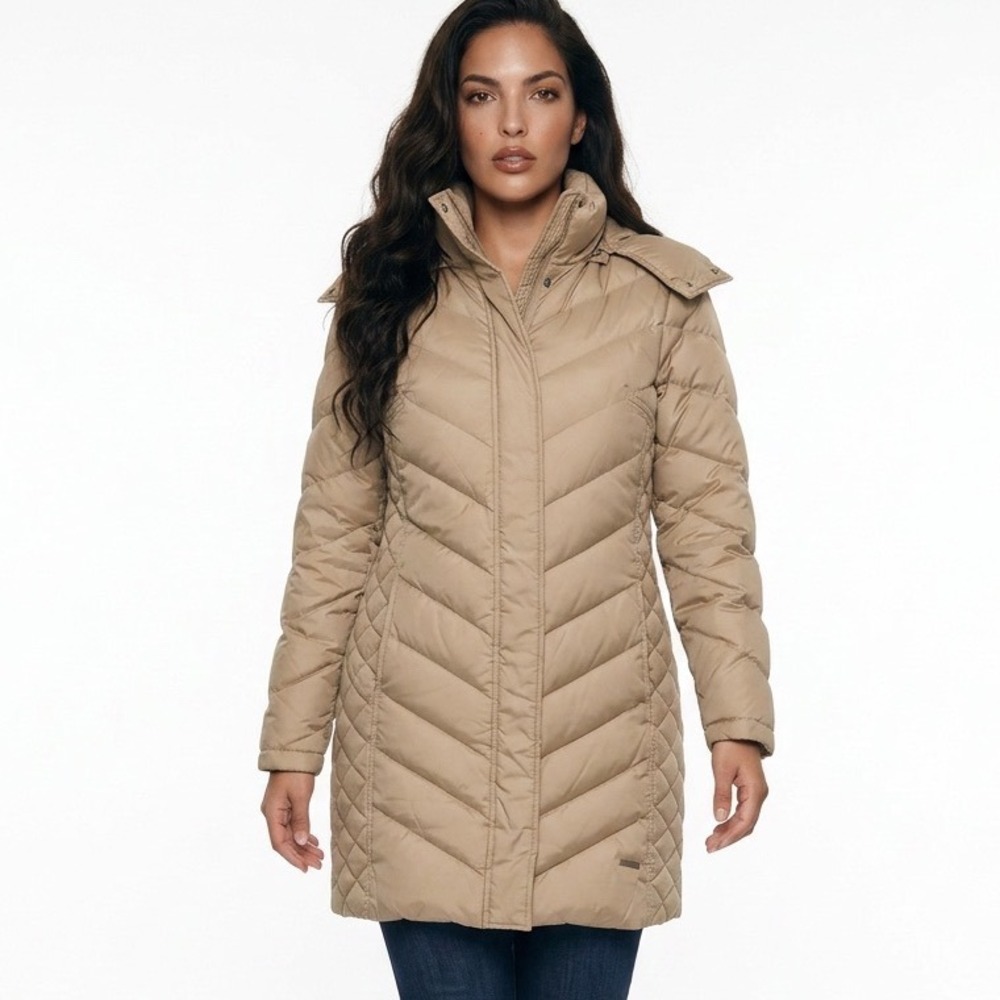 Kenneth Cole‎ Reaction Down Puffer Coat Small Beige Zip Off Hood Winter Jacket S